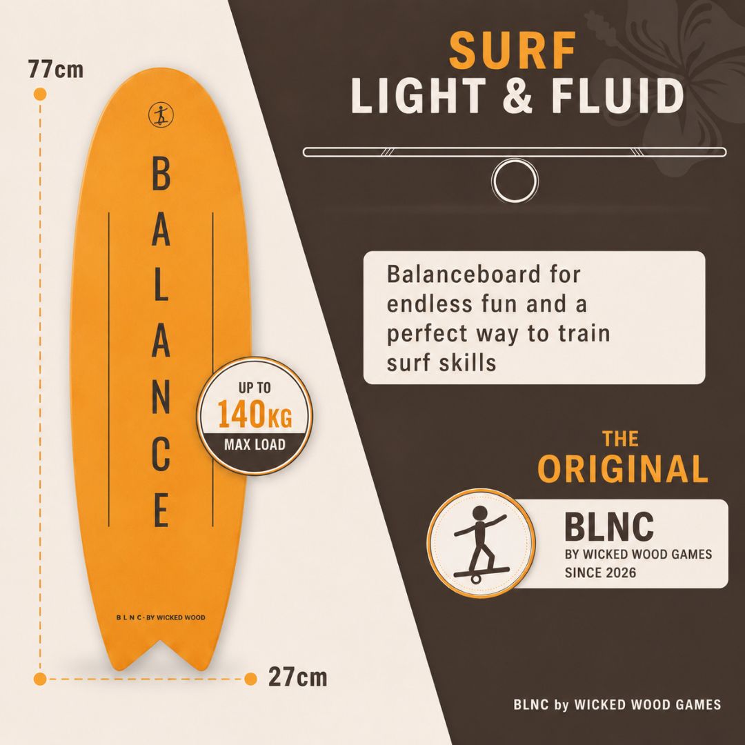 BLNC Balance Boards - SURF Style - Yellow - Incl Roller Balance Boards Wicked Wood Games