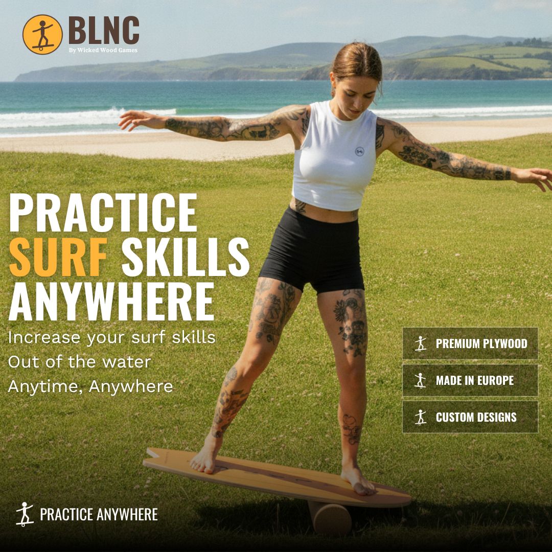 BLNC Balance Boards - SURF Style - Yellow - Incl Roller Balance Boards Wicked Wood Games