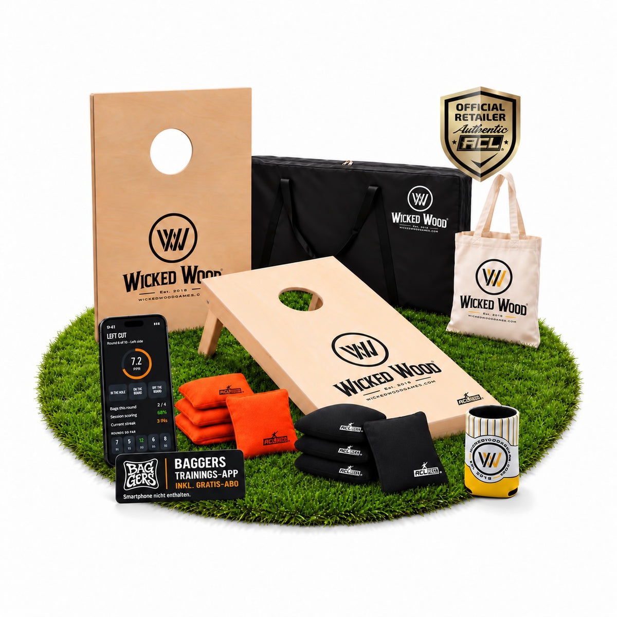Cornhole Starter Bundle 90x60 – Lakirane ploče, torba za nošenje, tote bag i koozie – Wicked Wood Games