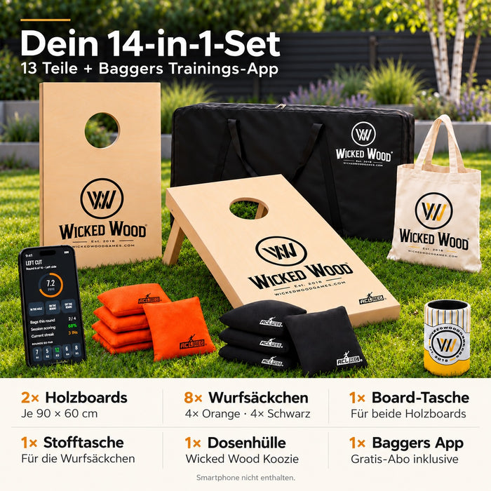 Cornhole Starter Bundle 90x60 – Lakirane ploče, torba za nošenje, tote bag i koozie – Wicked Wood Games
