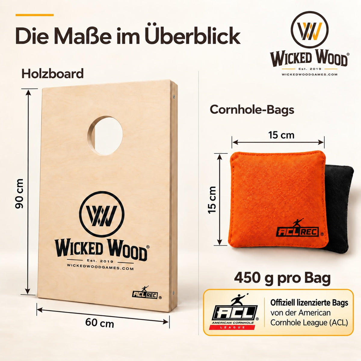 Cornhole Starter Bundle 90x60 – Lakirane ploče, torba za nošenje, tote bag i koozie – Wicked Wood Games